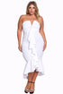 Sexy White Plus Size Strapless Cascading Ruffle Hi-Lo Dress